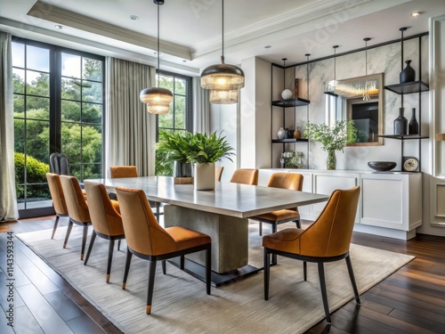 Modern marble dining table with black metal base: a rule of thirds photograph showcasing elegant design.