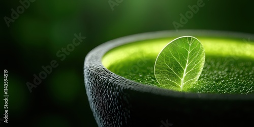 A close-up of a green beverage topped with a fresh leaf, symbolizing health and vitality.