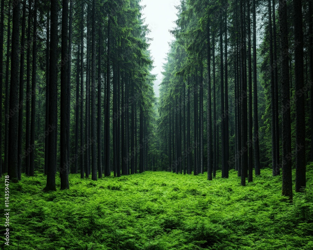 Fototapeta premium A serene forest scene featuring tall trees and lush green ferns, creating a tranquil atmosphere.