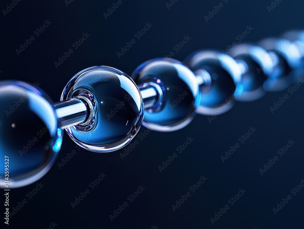 Close-up of a molecular chain, showcasing spherical blue particles and sleek design. Close-up of a molecular chain, showcasing spherical blue particles and sleek design.