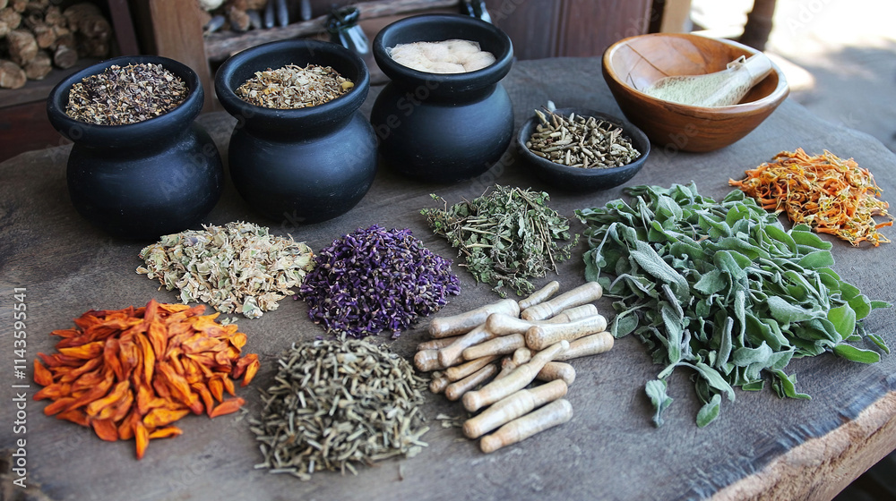Fototapeta premium magical herbs and spices on table
