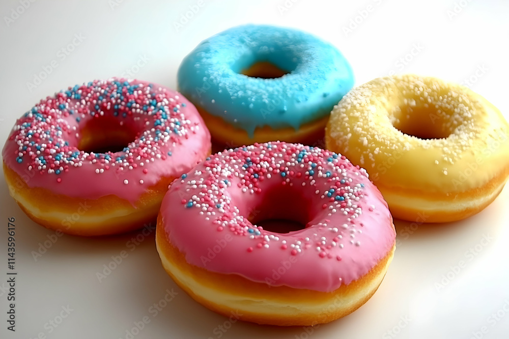 Four assorted donuts; pink, blue, and yellow icing with sprinkles.
