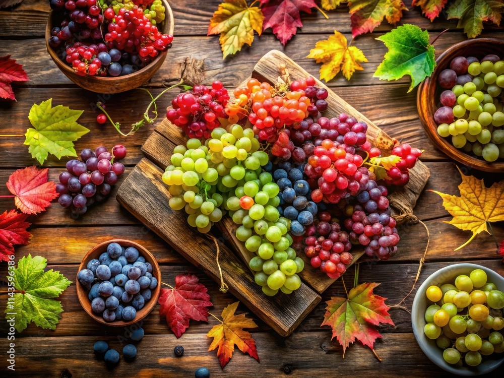 Overhead view: Lush red and green organic grapes, ready for autumn harvest; a winemaking concept unfolds.