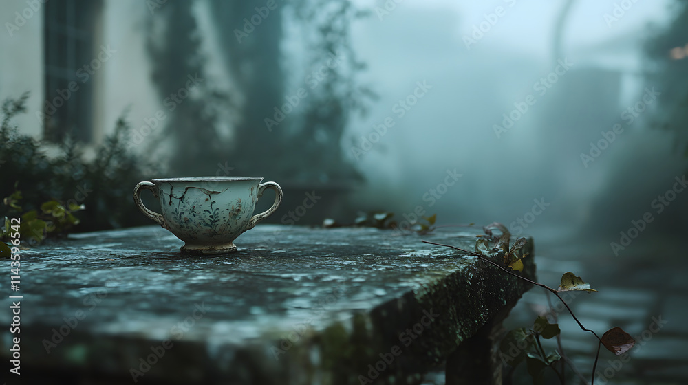 Weathered Teacup on Mossy Stone Surface in Misty Environment Weathered Teacup on Mossy Stone Surface in Misty Environment