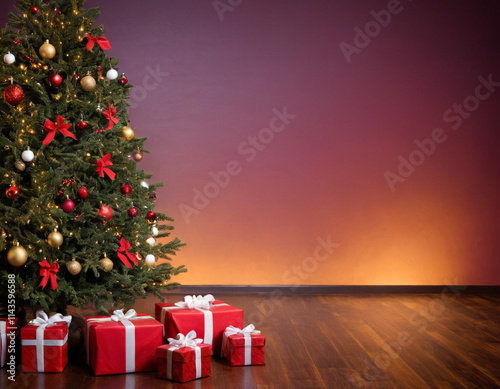 close up of christmas tree with red and green ornaments, presents the tree