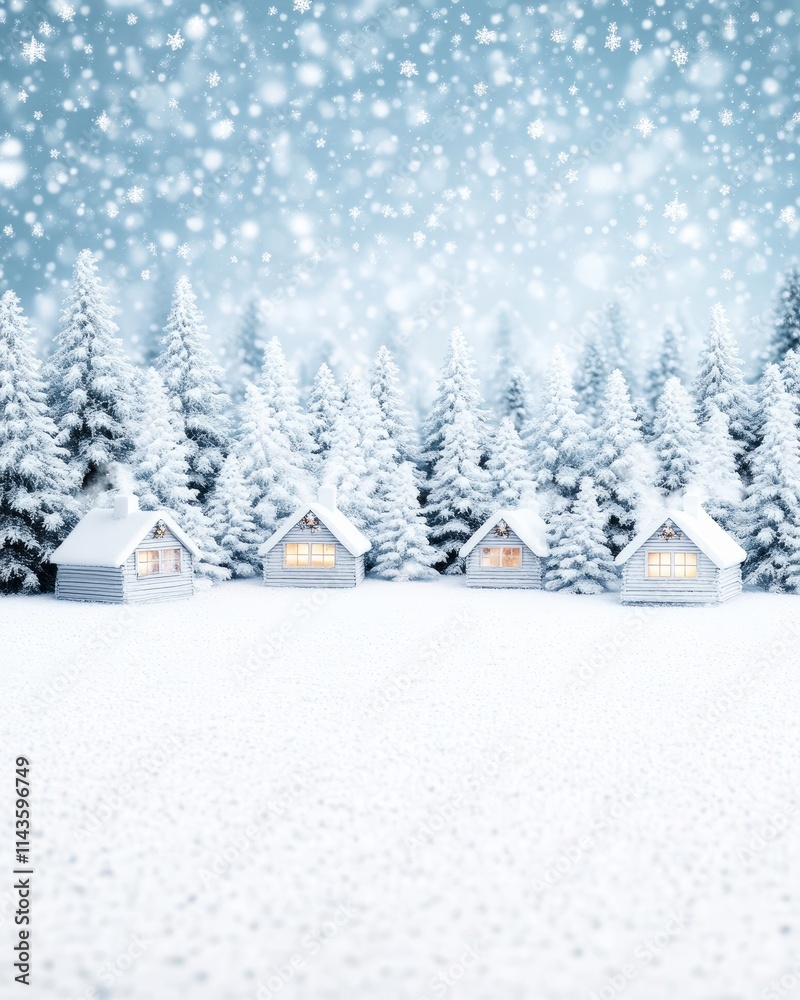 Fototapeta premium A serene winter scene featuring snow-covered houses surrounded by pine trees, evoking a cozy and peaceful atmosphere amidst falling snowflakes.