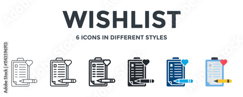 WISHLIST icon in different style vector illustration. Designed in thin line, regular line, bold line, glyph, color fill, and flat style can be used for web