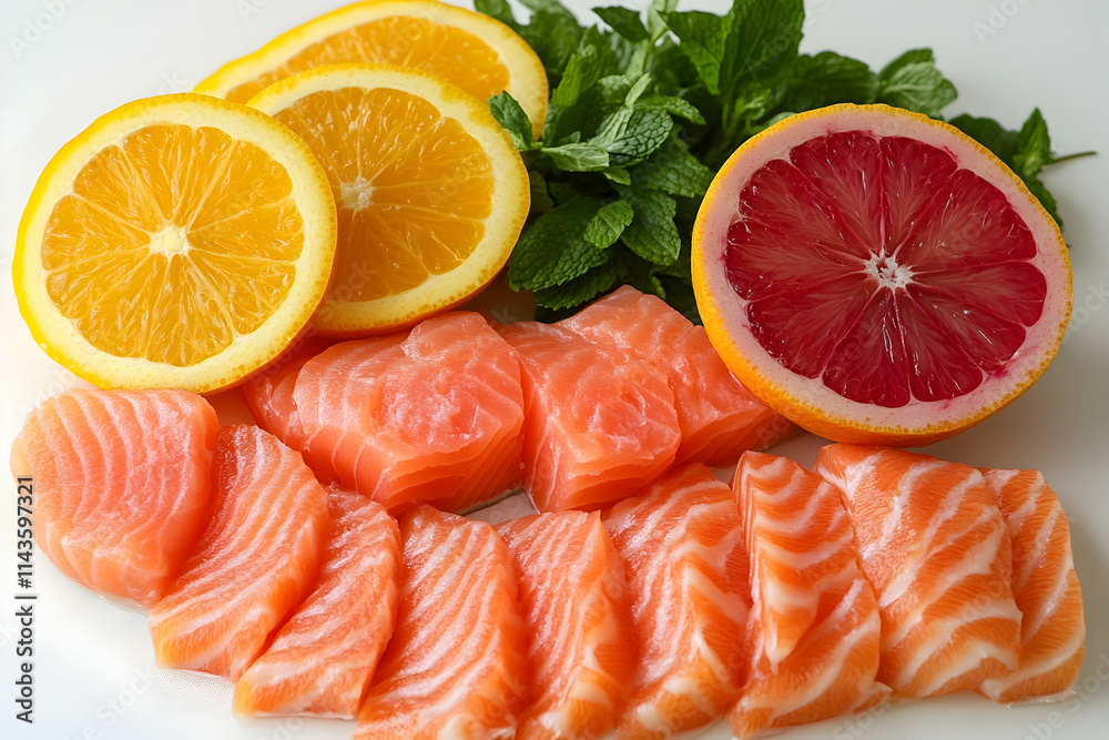 Fresh salmon fillet slices with orange and grapefruit citrus fruits and mint leaves. Fresh salmon fillet slices with orange and grapefruit citrus fruits and mint leaves.