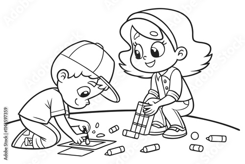 A child helping a classmate pick up crayons from the floor coloring book page E