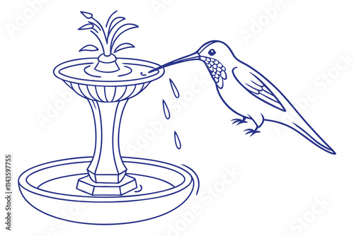 a hummingbird drinking water out of a fountain black color line art