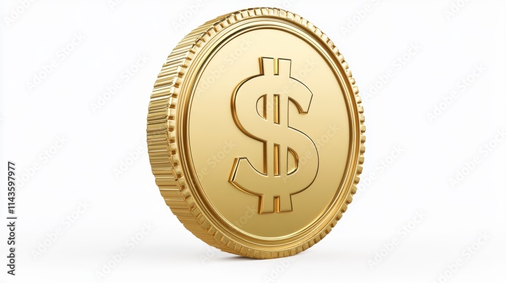 Golden Dollar Coin, 3D Render, Wealth, Finance, Luxury, Money, Currency, Isolated, White Background, Shiny Golden Dollar Coin, 3D Render, Wealth, Finance, Luxury, Money, Currency, Isolated, White Background, Shiny