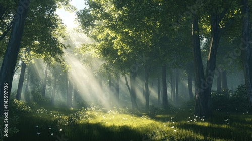 Sunbeams Through the Misty Forest