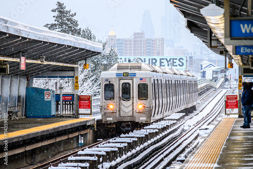 Train on the Market Frankford Line approaching 56th street station in Philadelphia USA on 2-17-2024 