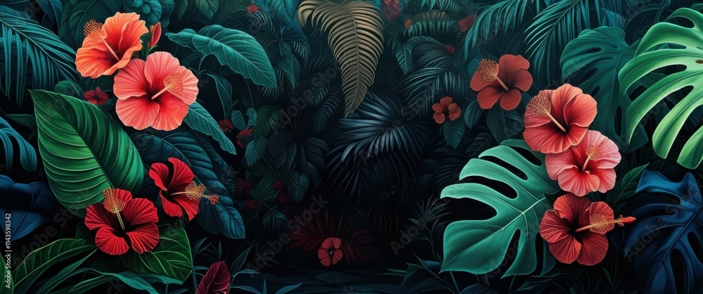 Tropical flowers, vibrant orange and red hibiscus, lush green foliage, dark background, jungle atmosphere, exotic plants, deep shadows, rich colors, botanical illustration style, dramatic lighting, pa Tropical flowers, vibrant orange and red hibiscus, lush green foliage, dark background, jungle atmosphere, exotic plants, deep shadows, rich colors, botanical illustration style, dramatic lighting, pa