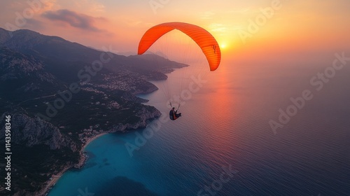 Sunset paragliding over coastal mountains.