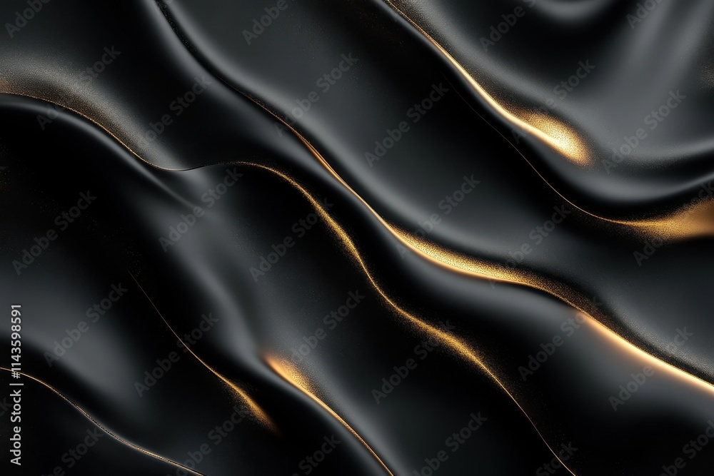 A luxurious abstract design featuring smooth flowing black waves with golden highlights A luxurious abstract design featuring smooth flowing black waves with golden highlights