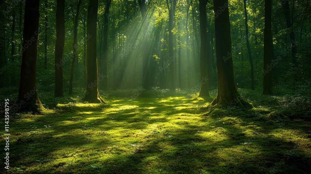 Obraz premium Zoom Virtual Background: Sunlight filtering through trees in a lush green forest. Sunshine Wallpaper