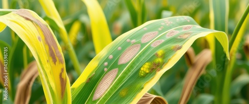 Corn field close-up, yellow and green corn leaves, corn tassel detail, sunlit agricultural crop, vibrant farm vegetation, macro photography, shallow depth of field, golden hour lighting, lush cornfiel photo