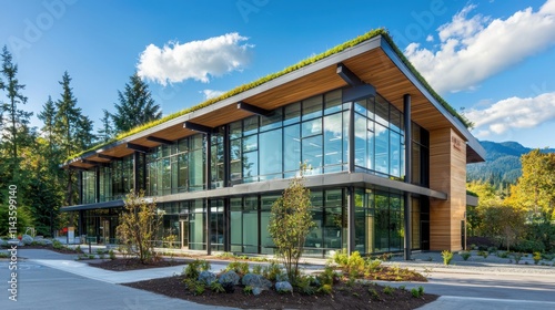 Sustainable eco-friendly office building design pacific northwest modern architecture natural environment wide-angle view green concept