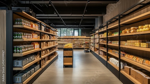 Modern Grocery Store Interior With Shelving Displaying A Variety Of Food Products