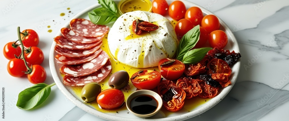 Italian cuisine, fresh burrata cheese, colorful heirloom tomatoes, basil leaves, olive oil drizzle, rustic white plate, linen tablecloth, wooden table, soft natural lighting, vibrant colors, appetizin Italian cuisine, fresh burrata cheese, colorful heirloom tomatoes, basil leaves, olive oil drizzle, rustic white plate, linen tablecloth, wooden table, soft natural lighting, vibrant colors, appetizin