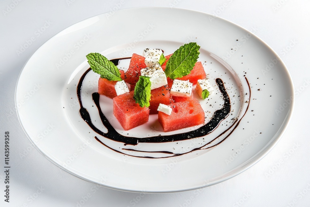 A plate of vibrant watermelon salad featuring cubed watermelon A plate of vibrant watermelon salad featuring cubed watermelon