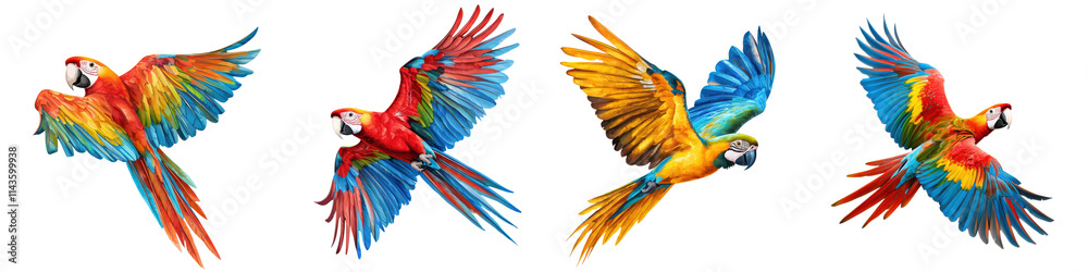 Fototapeta premium A Flock of Vibrant Colorful Tropical Birds Such as Parrots Macaws and Cockatoos Taking Flight in a Lush Natural Habitat with Verdant Foliage and Bright Skies