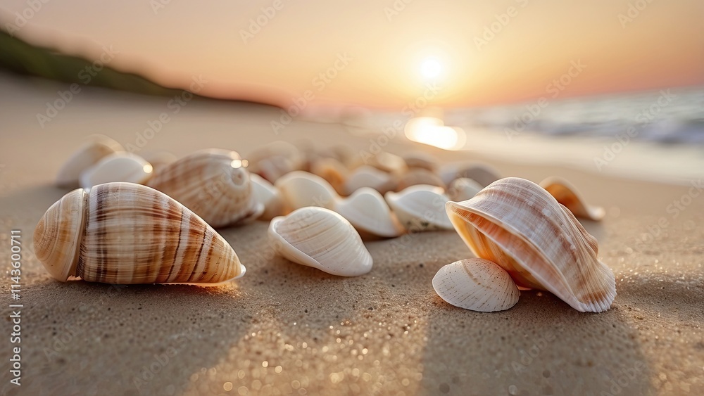 In a calm coastal location, beach shells on a sandy surface are highlighted by gentle morning light, displaying a range of neutral hues. In a calm coastal location, beach shells on a sandy surface are highlighted by gentle morning light, displaying a range of neutral hues.