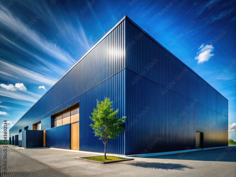 Sleek, dark blue steel square building; modern geometric facade, dramatically landscaped. Sleek, dark blue steel square building; modern geometric facade, dramatically landscaped.