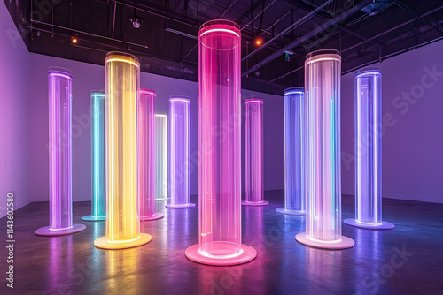 Illuminated translucent cylinders in a modern art gallery.