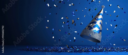 A silver and blue party hat falls amidst confetti