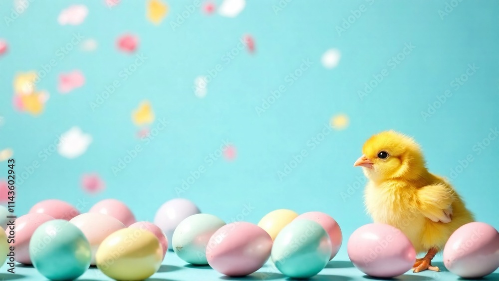 yellow chick on blue background and colored easter eggs. easter card yellow chick on blue background and colored easter eggs. easter card