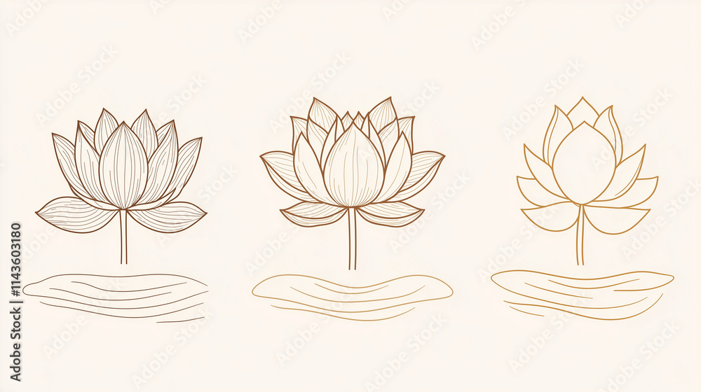 Delicate lotus flowers are illustrated in a continuous line drawing style, showcasing their beauty and peaceful essence. This logo symbolizes serenity and purity Delicate lotus flowers are illustrated in a continuous line drawing style, showcasing their beauty and peaceful essence. This logo symbolizes serenity and purity