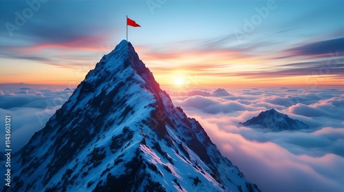 A Red Flag on a Snowy Mountain Peak at Sunrise, High-Altitude Aerial View, Dramatic Lighting, Serene Atmosphere