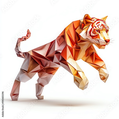 A dynamic geometric representation of a tiger in mid-leap, showcasing vibrant orange and cream colors on a clean white background, ideal for modern art and wildlife themes. photo