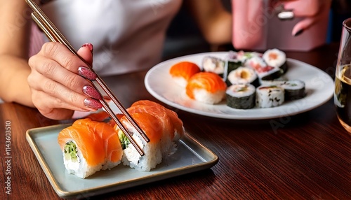 Hands using chopsticks to pick up sushi from a plate with soy sauce and wasabi.