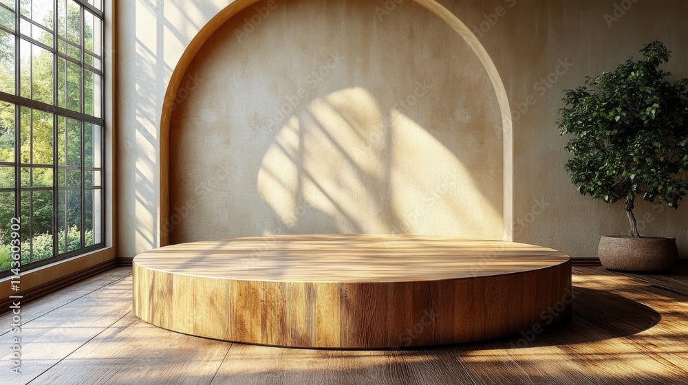 Isolated wooden podium in sunlit room minimalist interior design tranquil environment modern aesthetic Isolated wooden podium in sunlit room minimalist interior design tranquil environment modern aesthetic