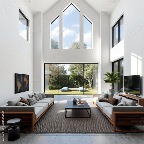 modern minimalist living room, vaulted ceiling, large triangular window, natural light, open concept, white walls, wood frame sofas, grey rug, indoor plants, mounted TV, glass sliding doors, outdoor v photo