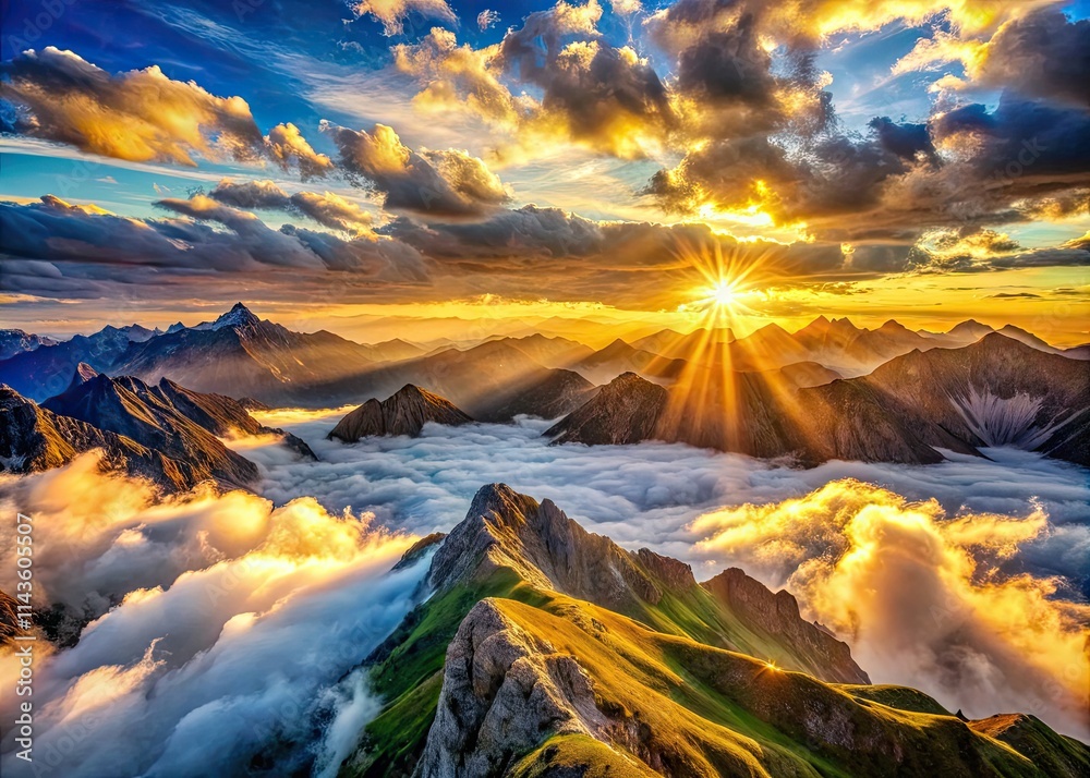 Obraz premium Sunrise Mountain: Aerial photography captures breathtaking panoramic vistas.