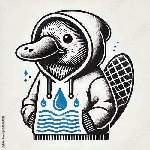 Cartoonish platypus in a hoodie with water design. photo