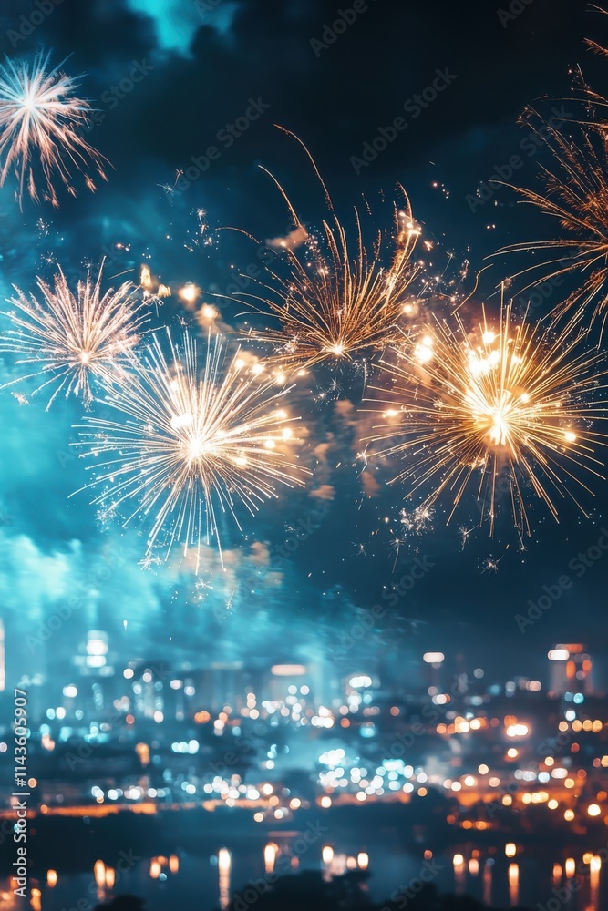 New year's eve fireworks display over city skyline night sky bokeh effect festive environment aerial view