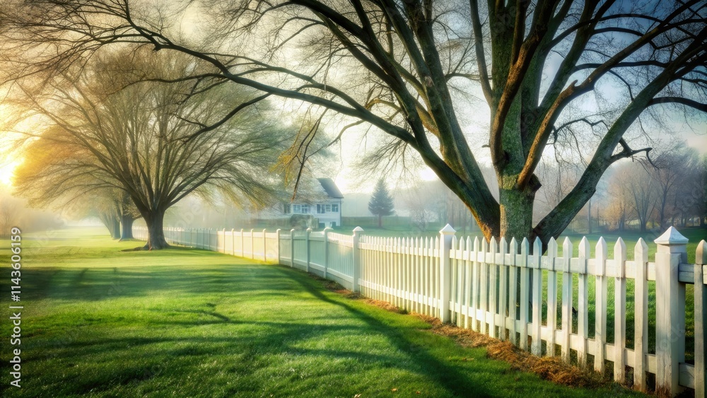 Surreal blend: white fence, vibrant green grass, stark bare branches. Surreal blend: white fence, vibrant green grass, stark bare branches.