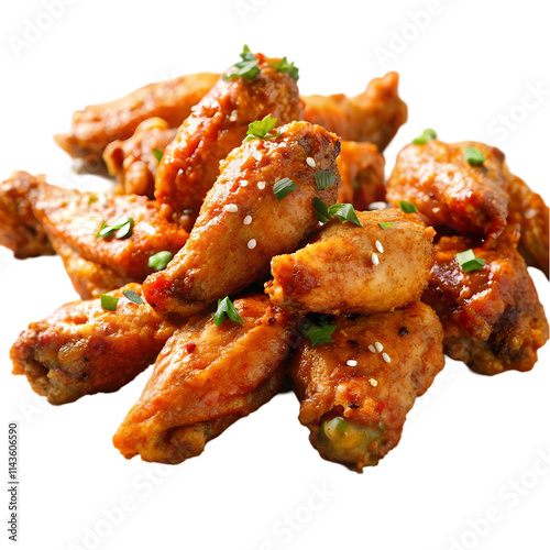Close-up of delicious, crispy chicken wings with sauce and sesame seeds.