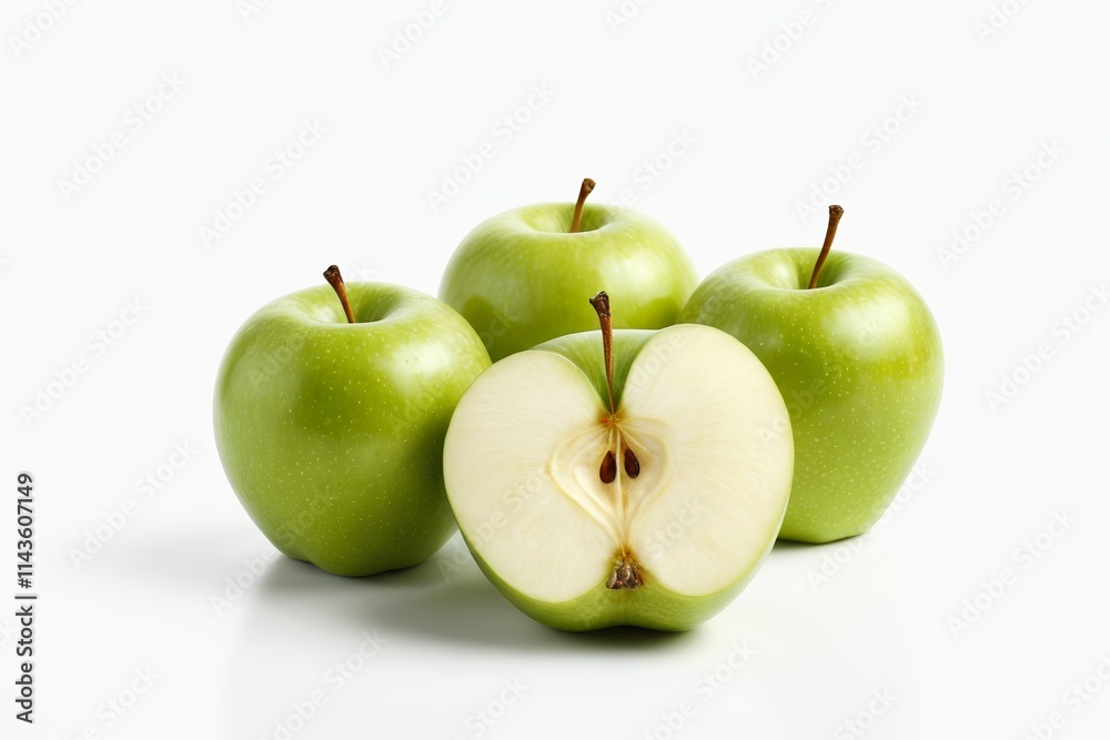 there are four green apples with a half cut in half there are four green apples with a half cut in half