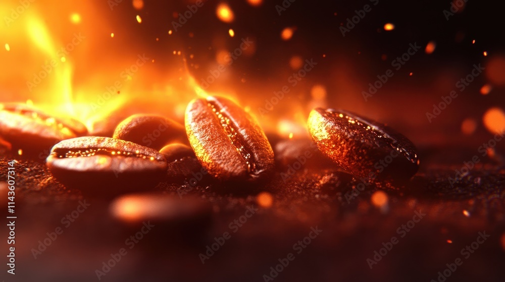 Roasted Coffee Beans Glowing In Fiery Light Roasted Coffee Beans Glowing In Fiery Light