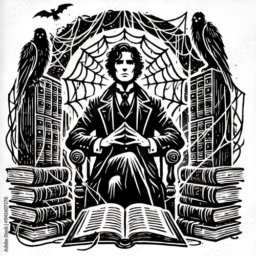 A figure in a web of books and shadows. photo