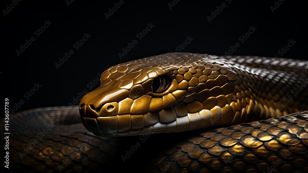 Golden serpent glimmers with elegance in a darkened setting. Generative AI Golden serpent glimmers with elegance in a darkened setting. Generative AI