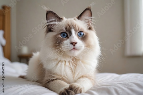 araffe cat laying on a bed with white sheets and a window photo