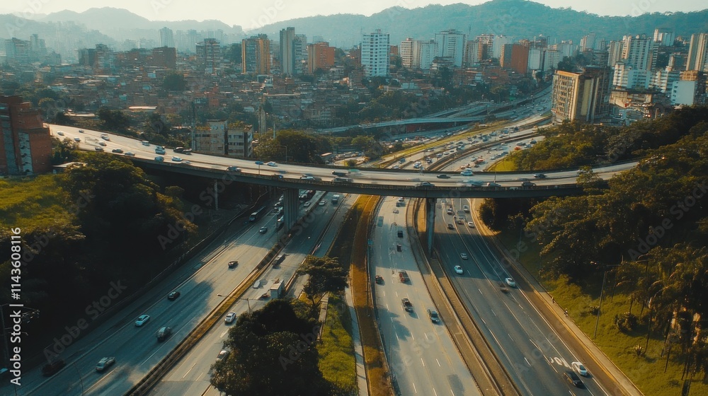 Fototapeta premium Aerial View of a Cityscape with an Overpass and Traffic