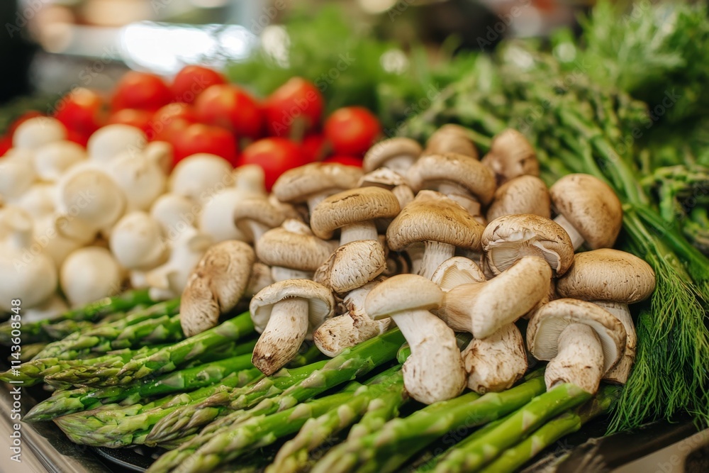 Fresh Vegetables Display: Mushrooms, Asparagus, and Tomatoes Fresh Vegetables Display: Mushrooms, Asparagus, and Tomatoes